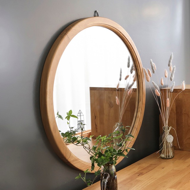 VANESS_DECO 북유럽가구 원룸 아파트 실내 신혼집 혼수 사무실 작은집 인테리어 디자인 아울렛 고무나무 원목 가구 심플 원형 화장대 거울